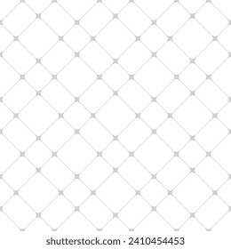 Subtle grid vector seamless pattern. Abstract geometric minimal texture with thin diagonal cross lines, nodes, squares, rectangles, mesh, lattice, grill. Simple white and gray checkered background