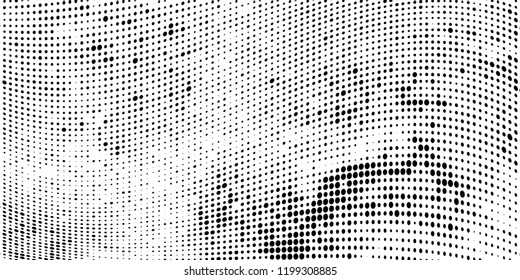 Subtle halftone vector texture overlay. Futuristic twisted grunge pattern, dot, circles. Monochrome abstract splattered background