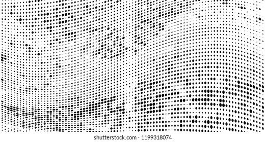 Subtle halftone vector texture overlay. Futuristic twisted grunge pattern, dot, circles. Monochrome abstract splattered background