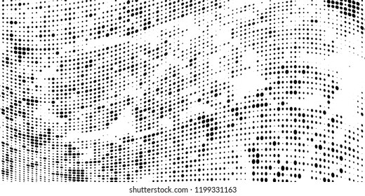 Subtle halftone vector texture overlay. Futuristic twisted grunge pattern, dot, circles. Monochrome abstract splattered background