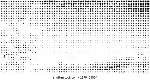 Subtle halftone vector texture overlay. Futuristic twisted grunge pattern, dot, circles. Monochrome abstract splattered background