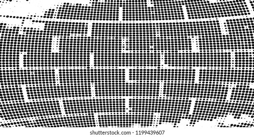 Subtle halftone vector texture overlay. Futuristic twisted grunge pattern, dot, circles. Monochrome abstract splattered background