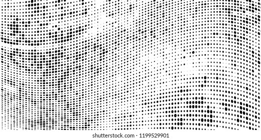 Subtle halftone vector texture overlay. Futuristic twisted grunge pattern, dot, circles. Monochrome abstract splattered background