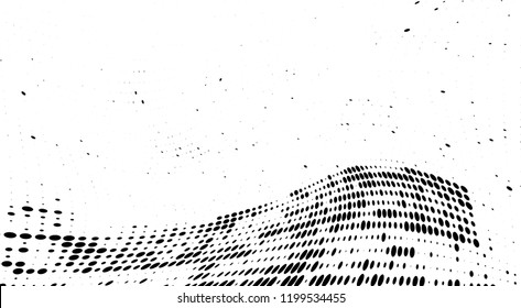 Subtle halftone vector texture overlay. Futuristic twisted grunge pattern, dot, circles. Monochrome abstract splattered background
