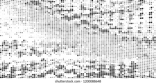 Subtle halftone vector texture overlay. Futuristic twisted grunge pattern, dot, circles. Monochrome abstract splattered background