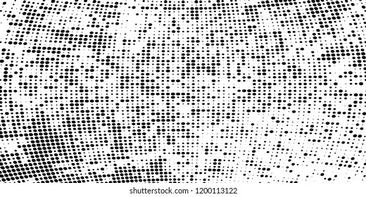 Subtle halftone vector texture overlay. Futuristic twisted grunge pattern, dot, circles. Monochrome abstract splattered background