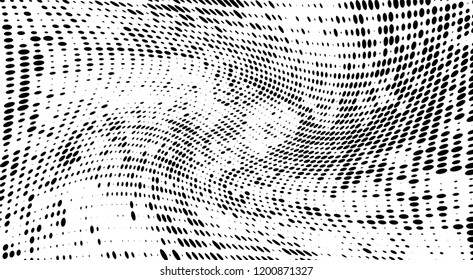 Subtle halftone vector texture overlay. Futuristic twisted grunge pattern, dot, circles. Monochrome abstract splattered background