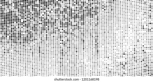 Subtle halftone vector texture overlay. Futuristic twisted grunge pattern, dot, circles. Monochrome abstract splattered background