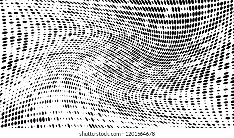 Subtle halftone vector texture overlay. Futuristic twisted grunge pattern, dot, circles. Monochrome abstract splattered background