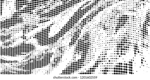Subtle halftone vector texture overlay. Futuristic twisted grunge pattern, dot, circles. Monochrome abstract splattered background