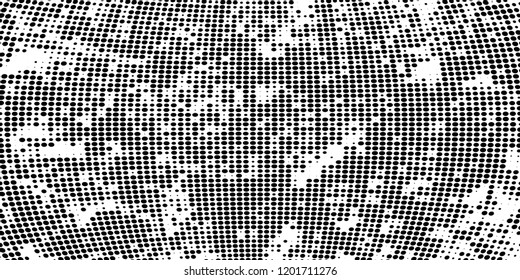Subtle halftone vector texture overlay. Futuristic twisted grunge pattern, dot, circles. Monochrome abstract splattered background