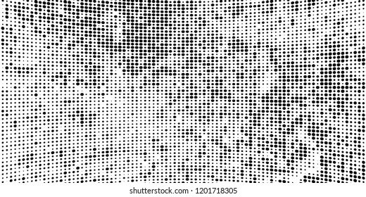Subtle halftone vector texture overlay. Futuristic twisted grunge pattern, dot, circles. Monochrome abstract splattered background