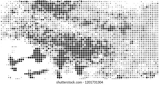 Subtle halftone vector texture overlay. Futuristic twisted grunge pattern, dot, circles. Monochrome abstract splattered background