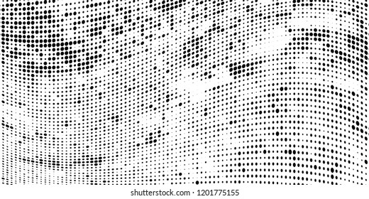 Subtle halftone vector texture overlay. Futuristic twisted grunge pattern, dot, circles. Monochrome abstract splattered background