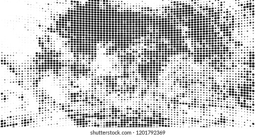Subtle halftone vector texture overlay. Futuristic twisted grunge pattern, dot, circles. Monochrome abstract splattered background
