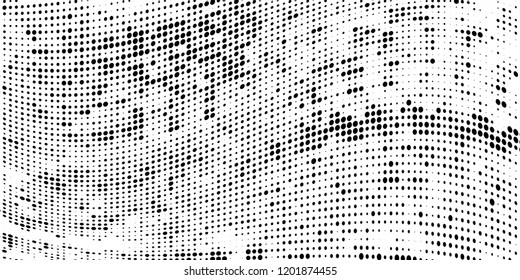 Subtle halftone vector texture overlay. Futuristic twisted grunge pattern, dot, circles. Monochrome abstract splattered background