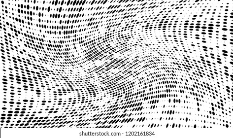 Subtle halftone vector texture overlay. Futuristic twisted grunge pattern, dot, circles. Monochrome abstract splattered background