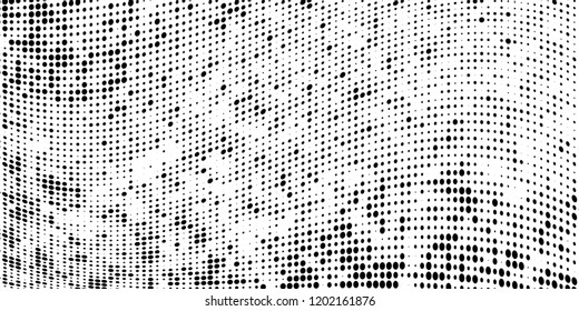 Subtle halftone vector texture overlay. Futuristic twisted grunge pattern, dot, circles. Monochrome abstract splattered background