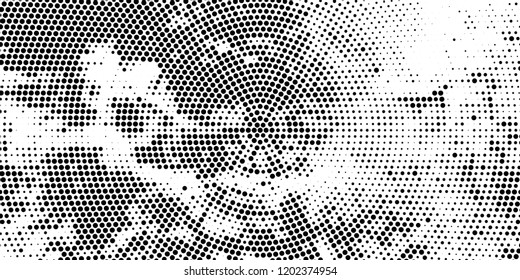 Subtle halftone vector texture overlay. Futuristic twisted grunge pattern, dot, circles. Monochrome abstract splattered background