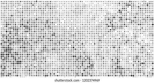 Subtle halftone vector texture overlay. Futuristic twisted grunge pattern, dot, circles. Monochrome abstract splattered background