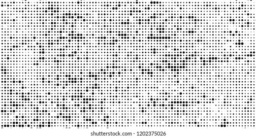Subtle halftone vector texture overlay. Futuristic twisted grunge pattern, dot, circles. Monochrome abstract splattered background
