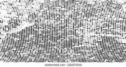 Subtle halftone vector texture overlay. Futuristic twisted grunge pattern, dot, circles. Monochrome abstract splattered background