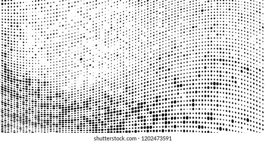 Subtle halftone vector texture overlay. Futuristic twisted grunge pattern, dot, circles. Monochrome abstract splattered background