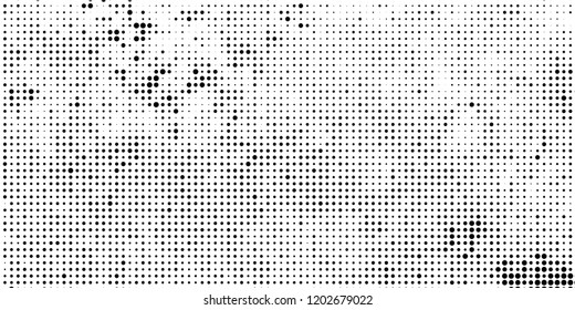 Subtle halftone vector texture overlay. Futuristic twisted grunge pattern, dot, circles. Monochrome abstract splattered background