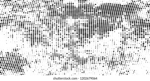 Subtle halftone vector texture overlay. Futuristic twisted grunge pattern, dot, circles. Monochrome abstract splattered background
