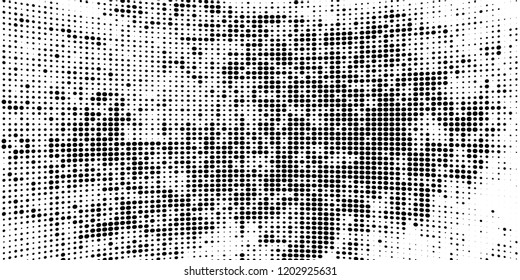 Subtle halftone vector texture overlay. Futuristic twisted grunge pattern, dot, circles. Monochrome abstract splattered background