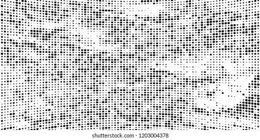 Subtle halftone vector texture overlay. Futuristic twisted grunge pattern, dot, circles. Monochrome abstract splattered background