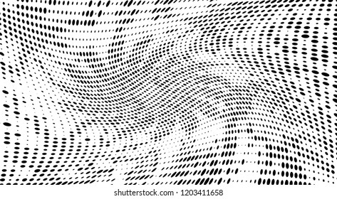 Subtle halftone vector texture overlay. Futuristic twisted grunge pattern, dot, circles. Monochrome abstract splattered background