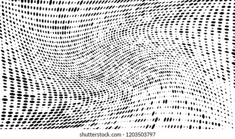 Subtle halftone vector texture overlay. Futuristic twisted grunge pattern, dot, circles. Monochrome abstract splattered background