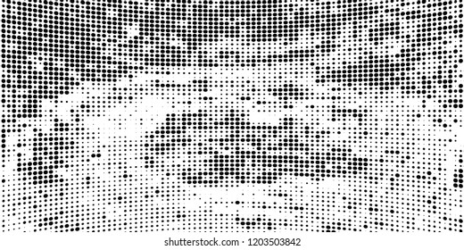 Subtle halftone vector texture overlay. Futuristic twisted grunge pattern, dot, circles. Monochrome abstract splattered background