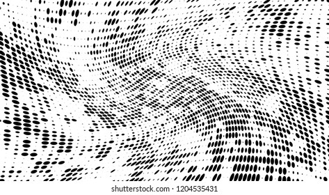 Subtle halftone vector texture overlay. Futuristic twisted grunge pattern, dot, circles. Monochrome abstract splattered background