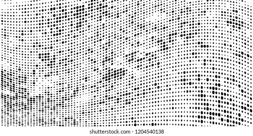 Subtle halftone vector texture overlay. Futuristic twisted grunge pattern, dot, circles. Monochrome abstract splattered background