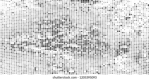 Subtle halftone vector texture overlay. Futuristic twisted grunge pattern, dot, circles. Monochrome abstract splattered background