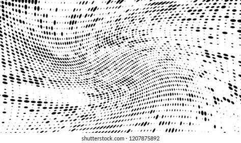 Subtle halftone vector texture overlay. Futuristic twisted grunge pattern, dot, circles. Monochrome abstract splattered background