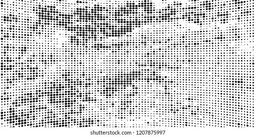 Subtle halftone vector texture overlay. Futuristic twisted grunge pattern, dot, circles. Monochrome abstract splattered background