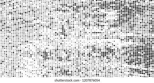 Subtle halftone vector texture overlay. Futuristic twisted grunge pattern, dot, circles. Monochrome abstract splattered background