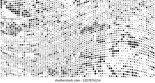 Subtle halftone vector texture overlay. Futuristic twisted grunge pattern, dot, circles. Monochrome abstract splattered background