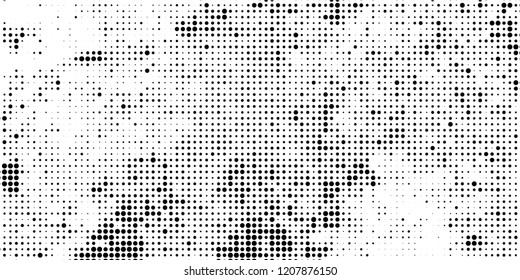 Subtle halftone vector texture overlay. Futuristic twisted grunge pattern, dot, circles. Monochrome abstract splattered background