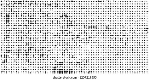 Subtle halftone vector texture overlay. Futuristic twisted grunge pattern, dot, circles. Monochrome abstract splattered background