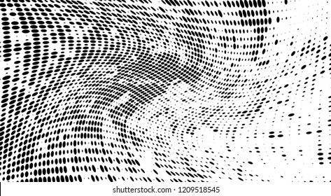 Subtle halftone vector texture overlay. Futuristic twisted grunge pattern, dot, circles. Monochrome abstract splattered background