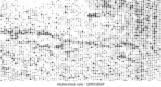 Subtle halftone vector texture overlay. Futuristic twisted grunge pattern, dot, circles. Monochrome abstract splattered background