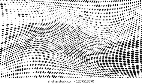 Subtle halftone vector texture overlay. Futuristic twisted grunge pattern, dot, circles. Monochrome abstract splattered background