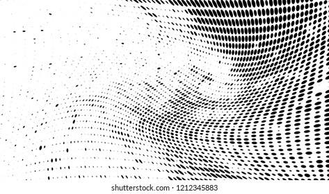 Subtle halftone vector texture overlay. Futuristic twisted grunge pattern, dot, circles. Monochrome abstract splattered background