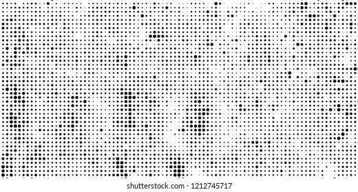 Subtle halftone vector texture overlay. Futuristic twisted grunge pattern, dot, circles. Monochrome abstract splattered background