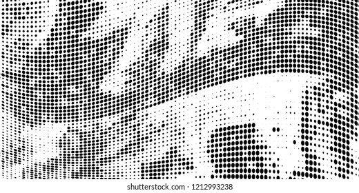 Subtle halftone vector texture overlay. Futuristic twisted grunge pattern, dot, circles. Monochrome abstract splattered background