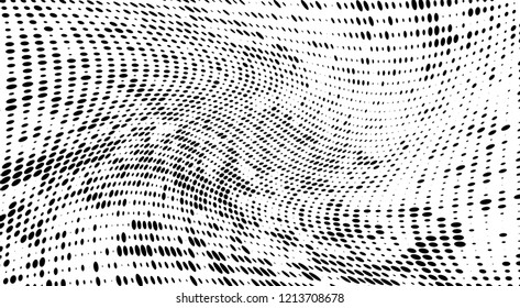 Subtle halftone vector texture overlay. Futuristic twisted grunge pattern, dot, circles. Monochrome abstract splattered background